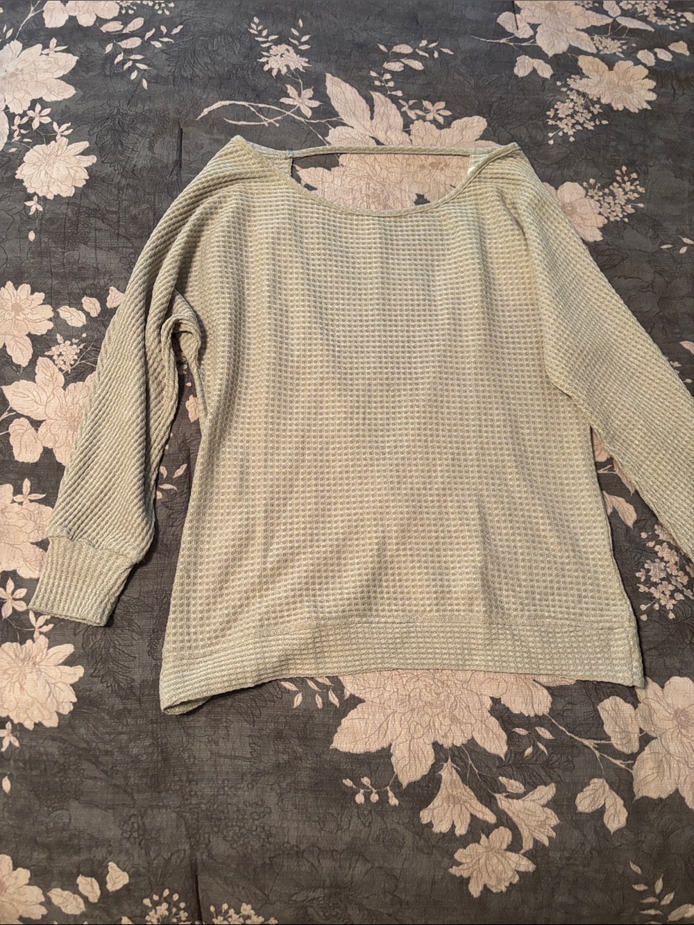 Relaxed Waffle-Knit Long Sleeve Top in Pale Sage open back